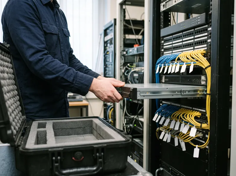 Ein Server wird aus dem Rack gezogen, an den Netzwerkkabeln daneben hängen Etiketten, vorne wartet ein offenes Flightcase